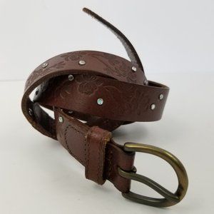 Brown Leather Pressed Design Belt with Studs